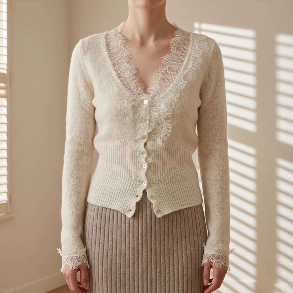 Cárdigan de Mezcla de Algodón con Encaje Patchwork – Estilo Vintage con Cierre de Botones 5
