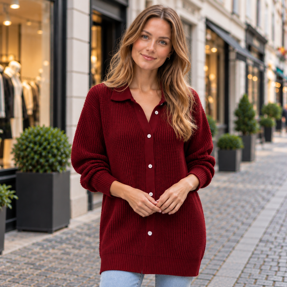 Cárdigan de punto rojo granate con cuello camisero y botones, manga larga