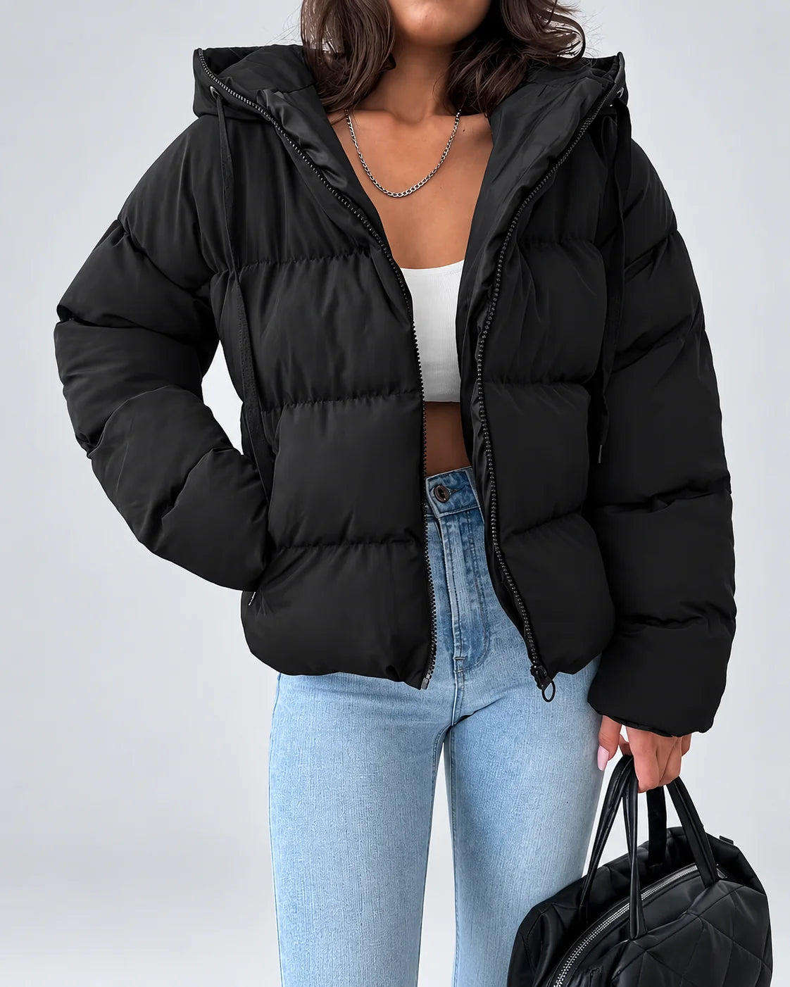 Chaqueta Acolchada Oversize con Capucha y Cremallera Frontal 0