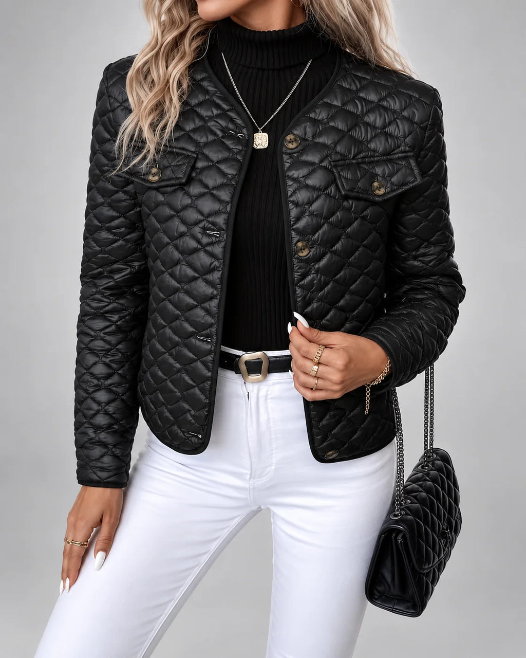 Chaqueta Acolchada con Botones Dorados y Bolsillos en el Pecho 0