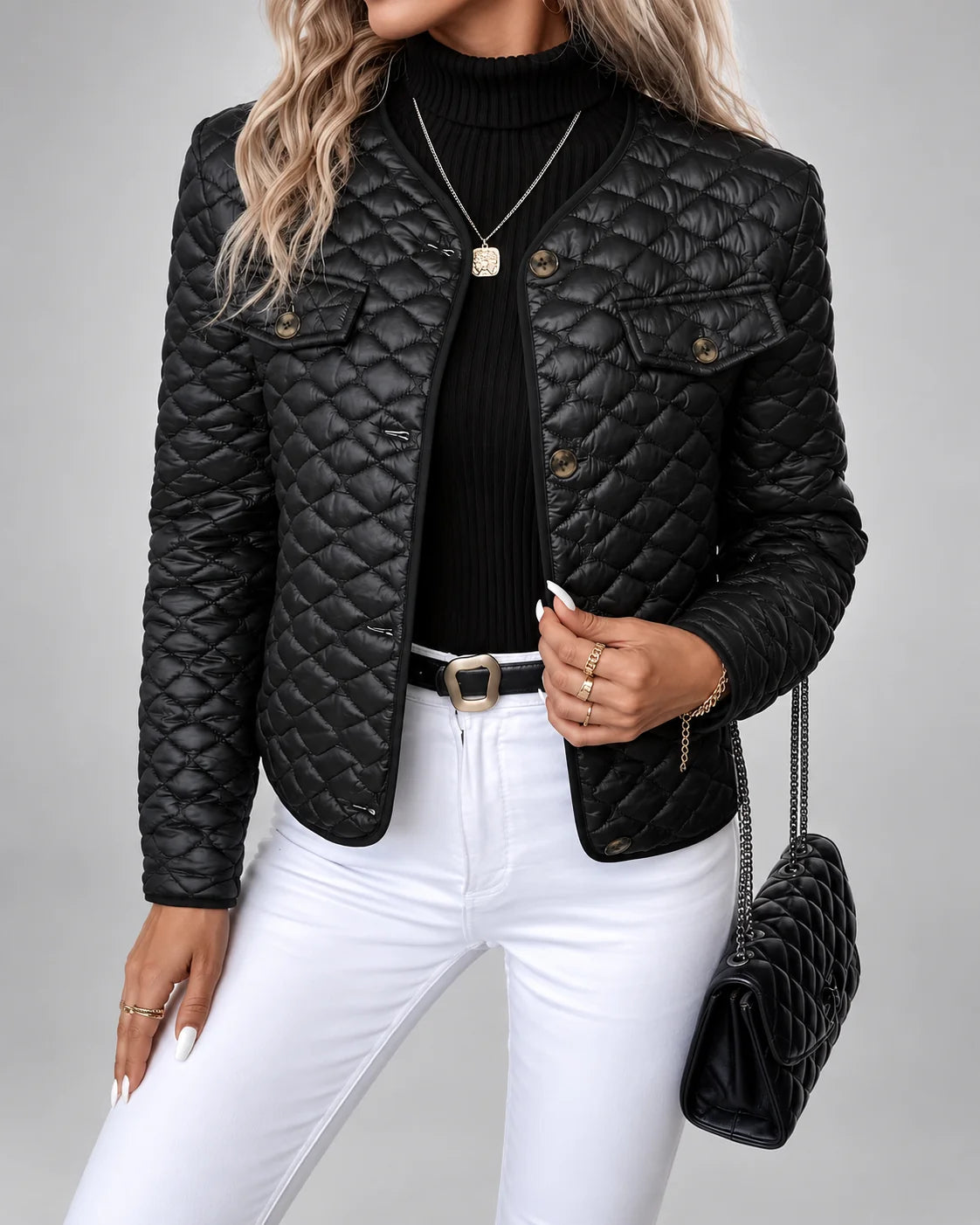 Chaqueta Acolchada con Botones Dorados y Bolsillos en el Pecho 0