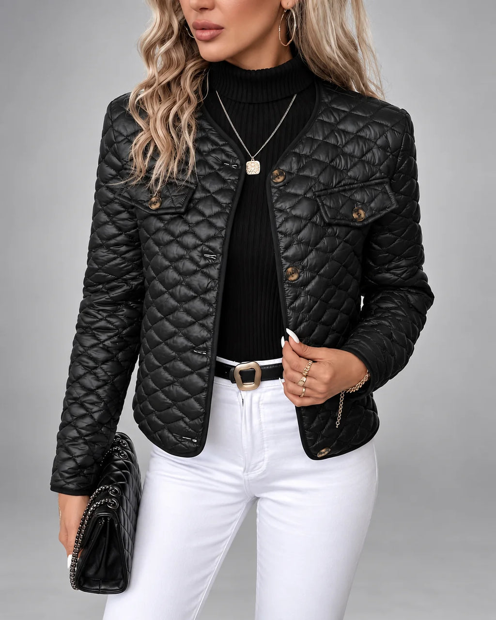 Chaqueta Acolchada con Botones Dorados y Bolsillos en el Pecho 2
