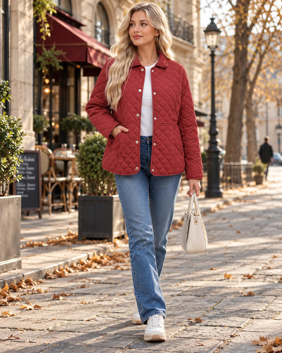 Chaqueta acolchada de rombos con cuello alto y botones, color rojo