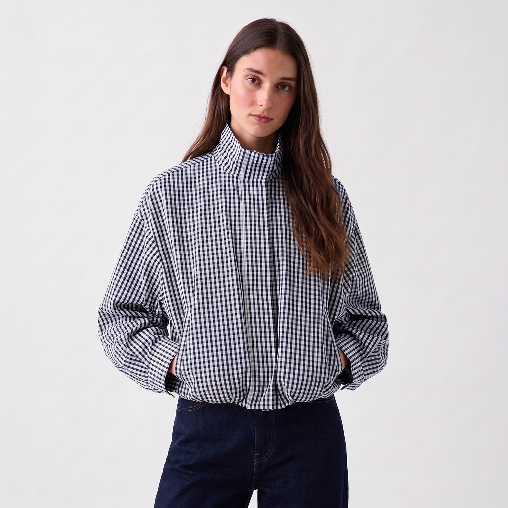 Chaqueta bomber corta de cuadros azul marino con cuello alto y cierre frontal