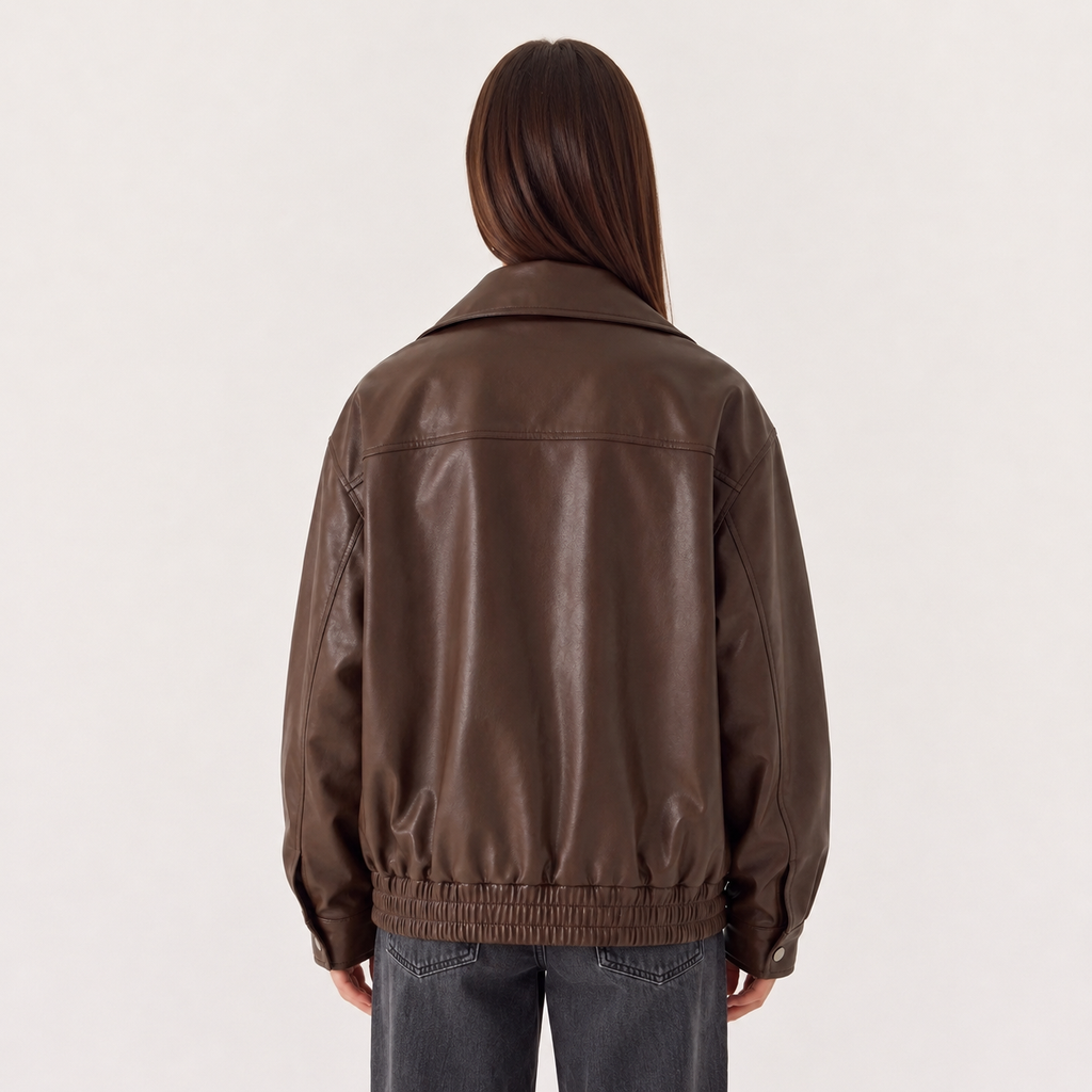 Chaqueta bomber oversize marrón chocolate vista trasera con puños elásticos