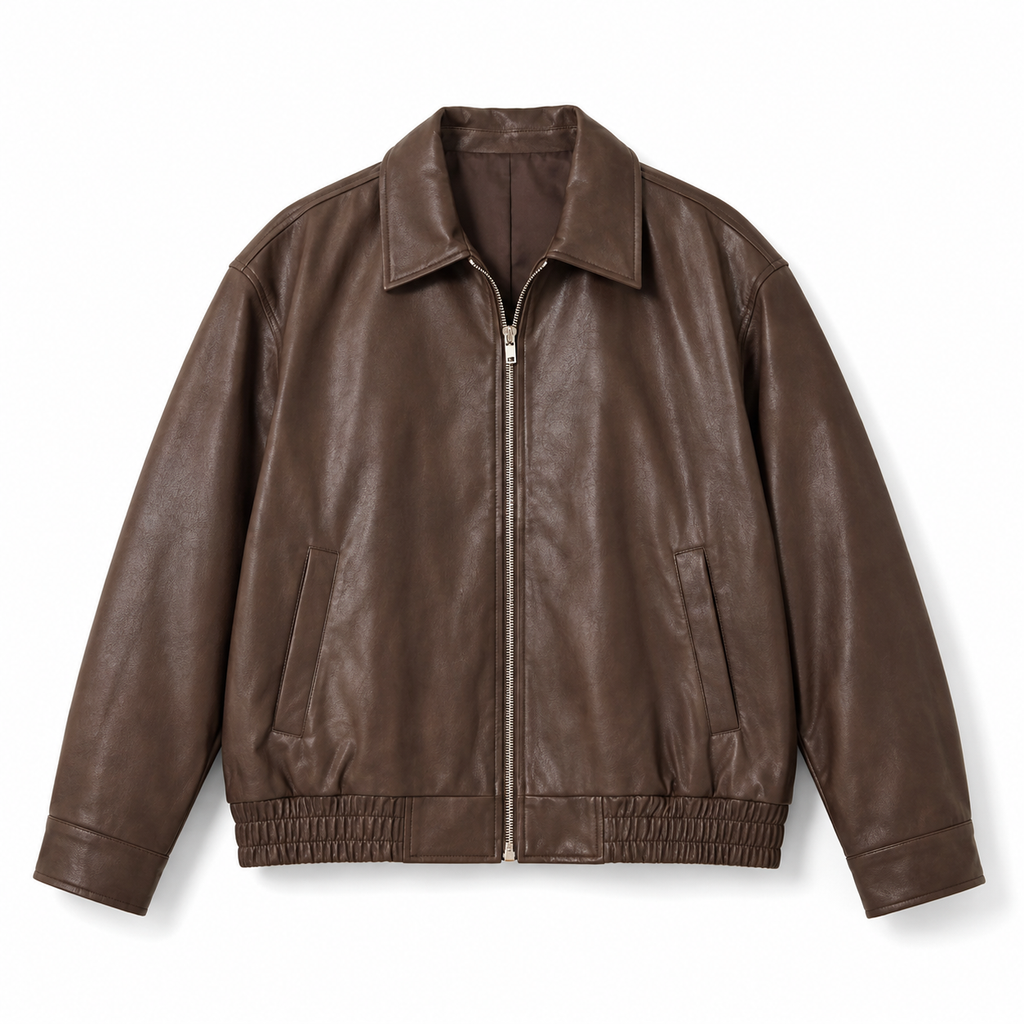 Chaqueta bomber oversize marrón chocolate con cuello camisero y cremallera frontal