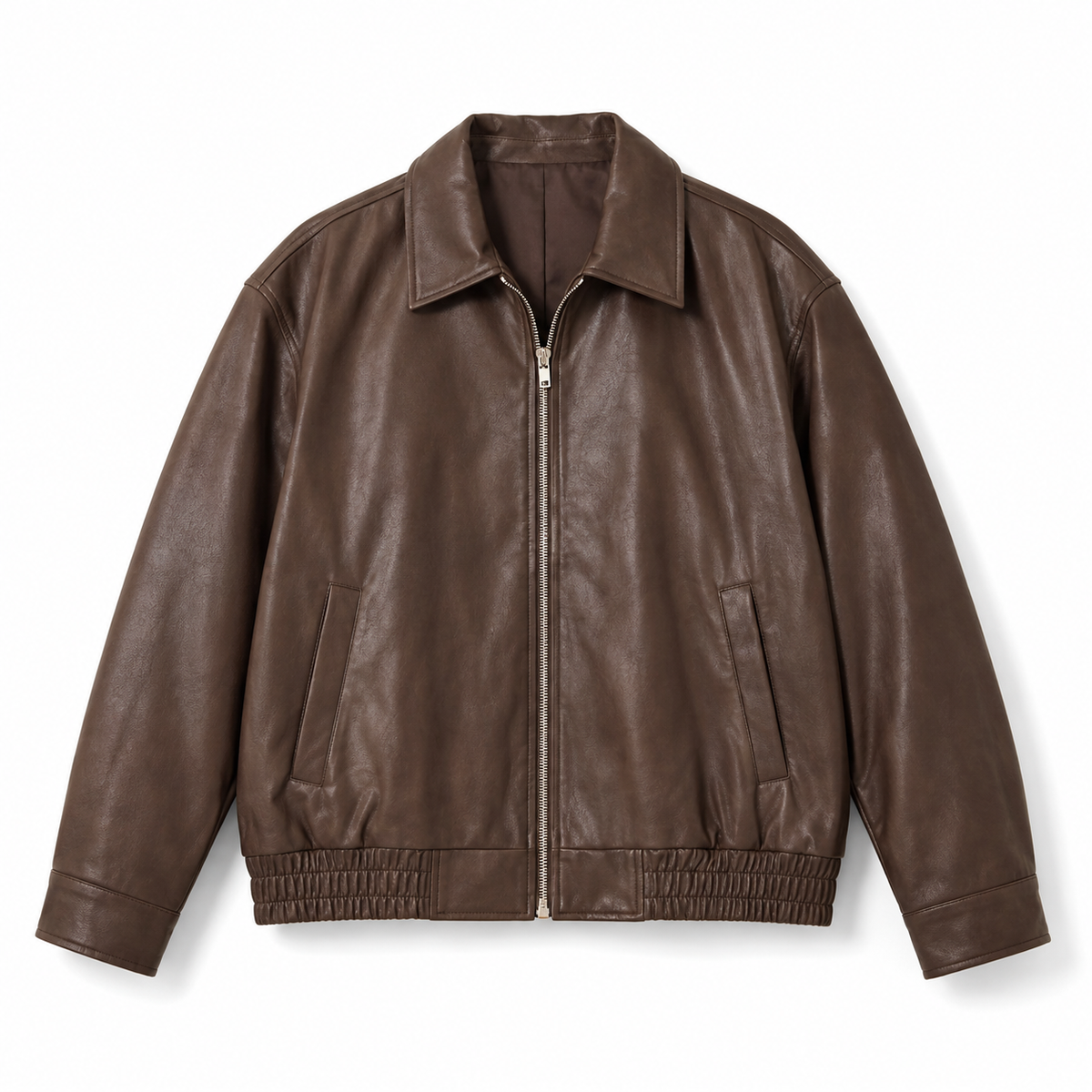 Chaqueta bomber oversize marrón chocolate con cuello camisero y cremallera frontal