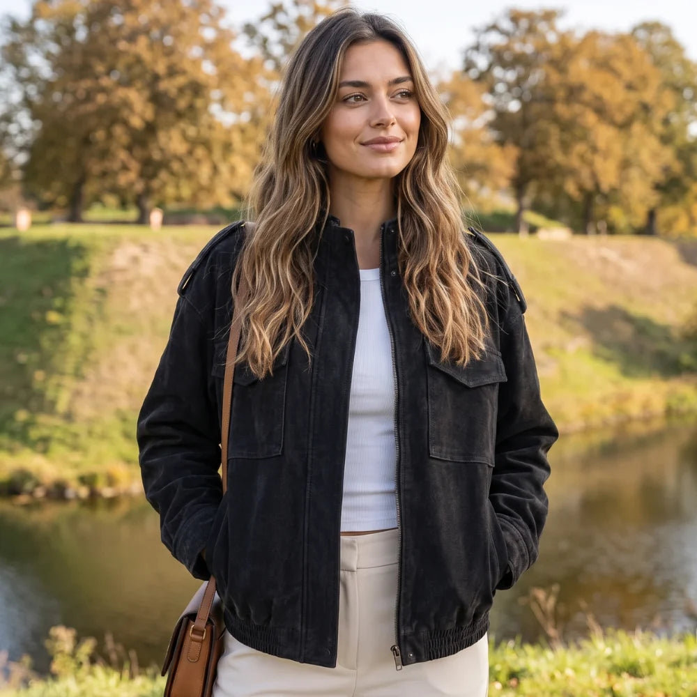Chaqueta Bomber con Acabado de Ante y Cuello Alto 2