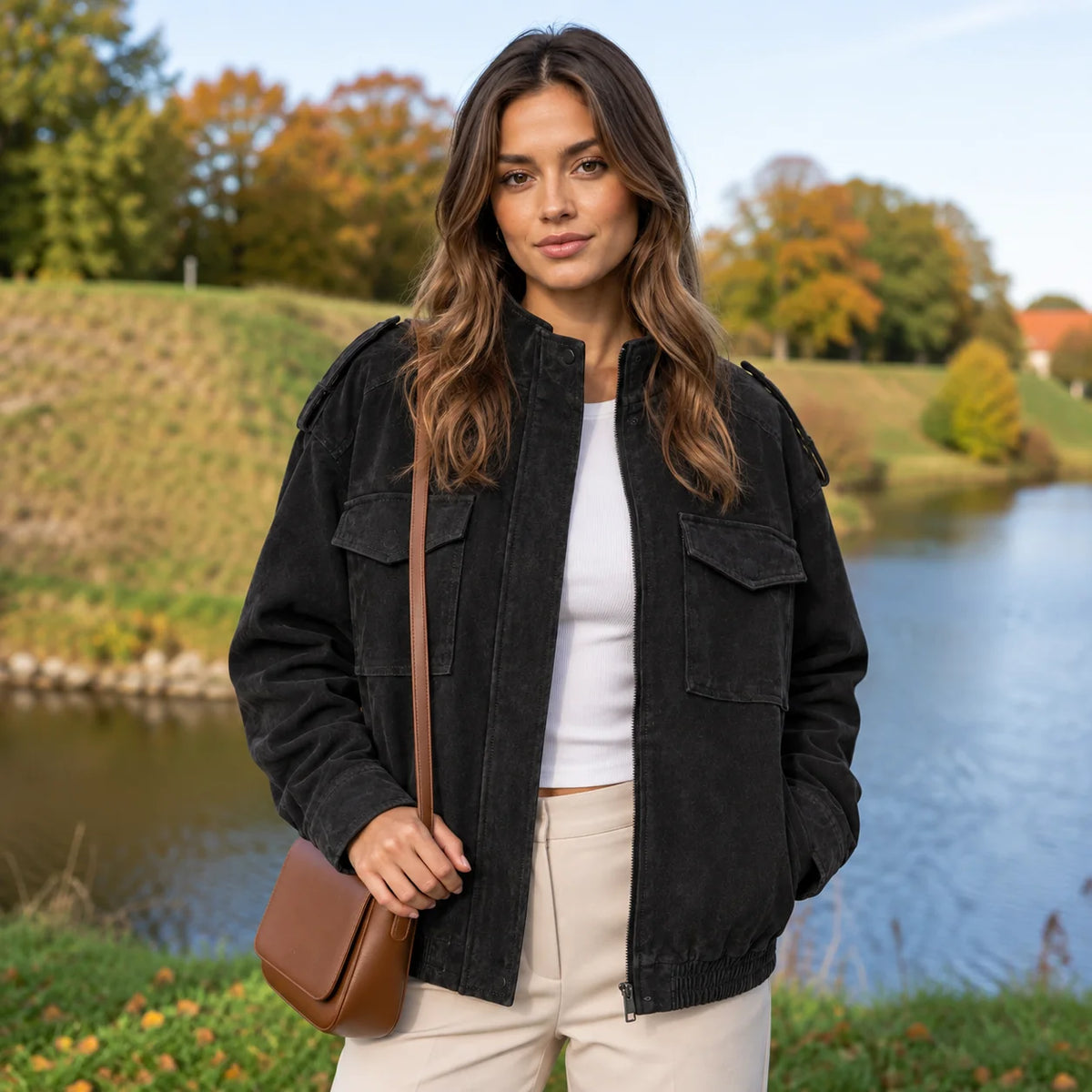 Chaqueta Bomber con Acabado de Ante y Cuello Alto 3