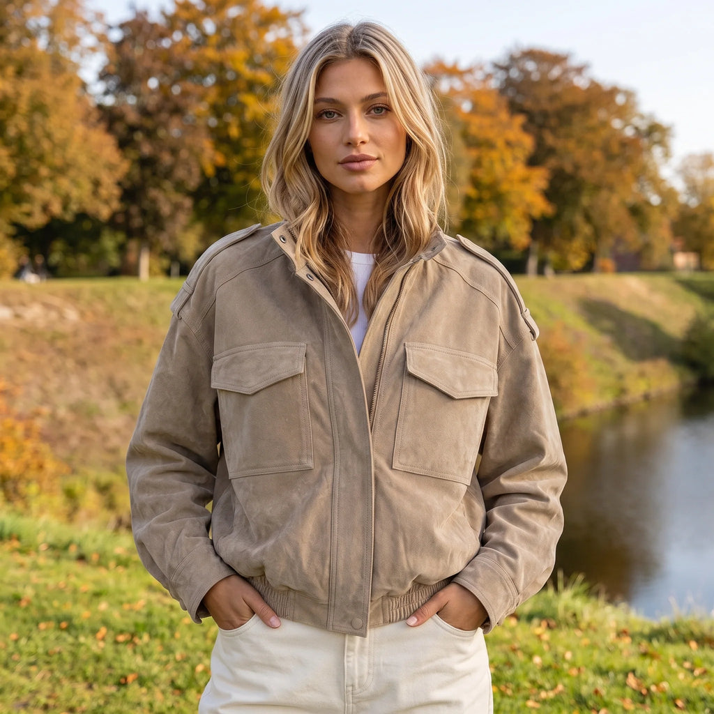 Chaqueta Bomber con Acabado de Ante y Cuello Alto 5