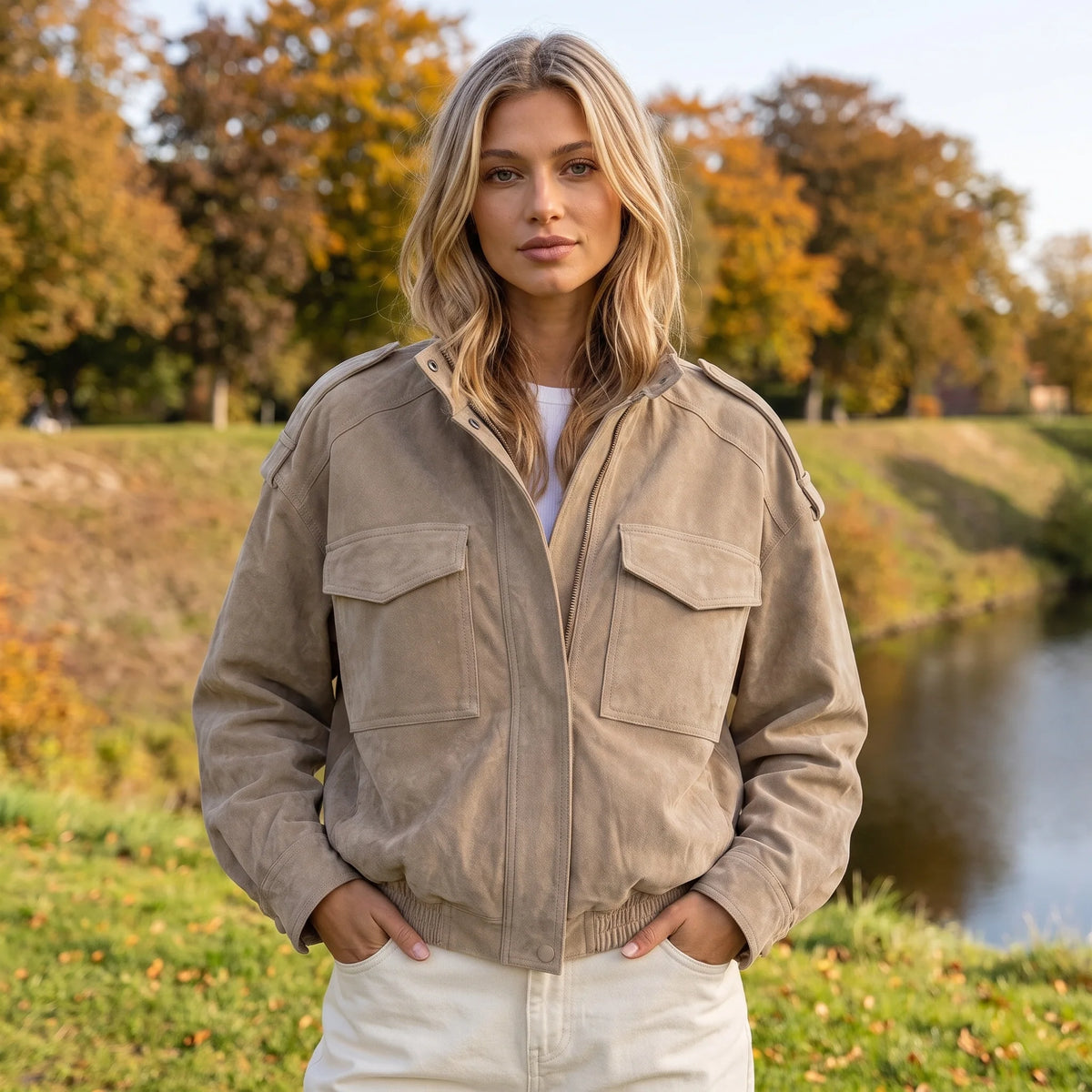 Chaqueta Bomber con Acabado de Ante y Cuello Alto 5