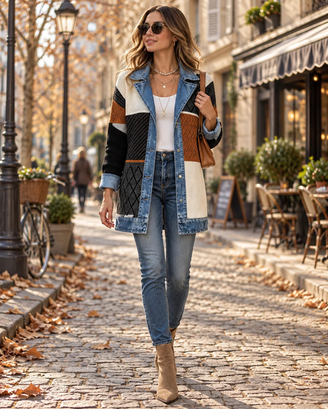 Chaqueta Combinada de Punto y Denim con Botones 1