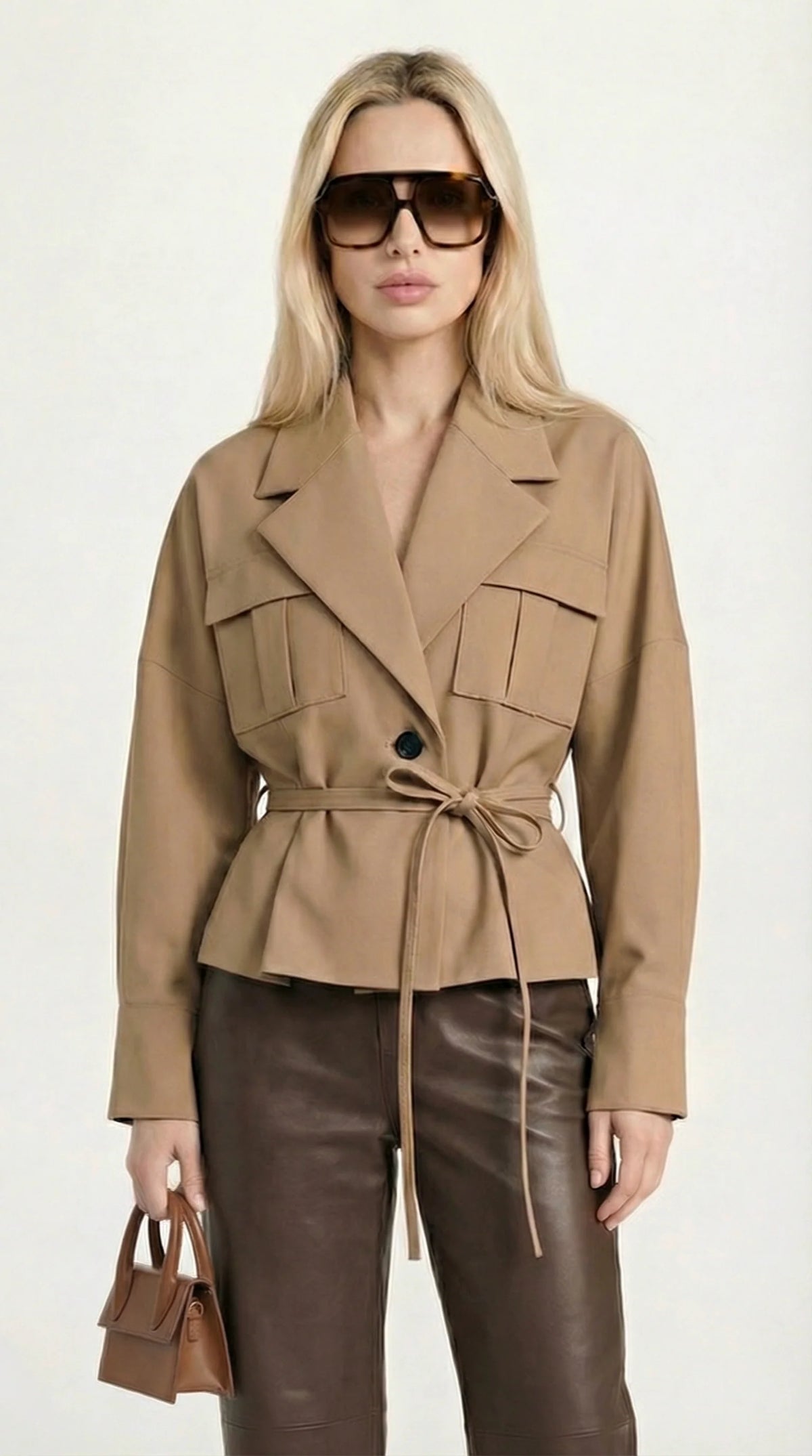 Chaqueta Corta Vintage con Cuello Vuelto y Cinturón 0