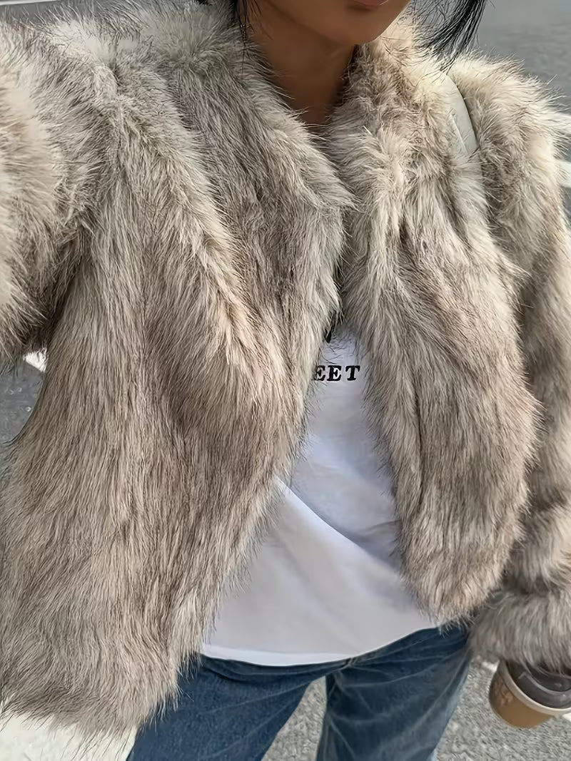 Chaqueta Corta de Piel Sintética Suave con Frente Abierto y Cuello Redondo 3