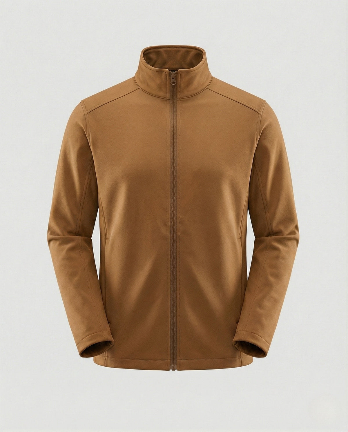 Chaqueta marrón con cuello alto y cierre frontal, manga larga