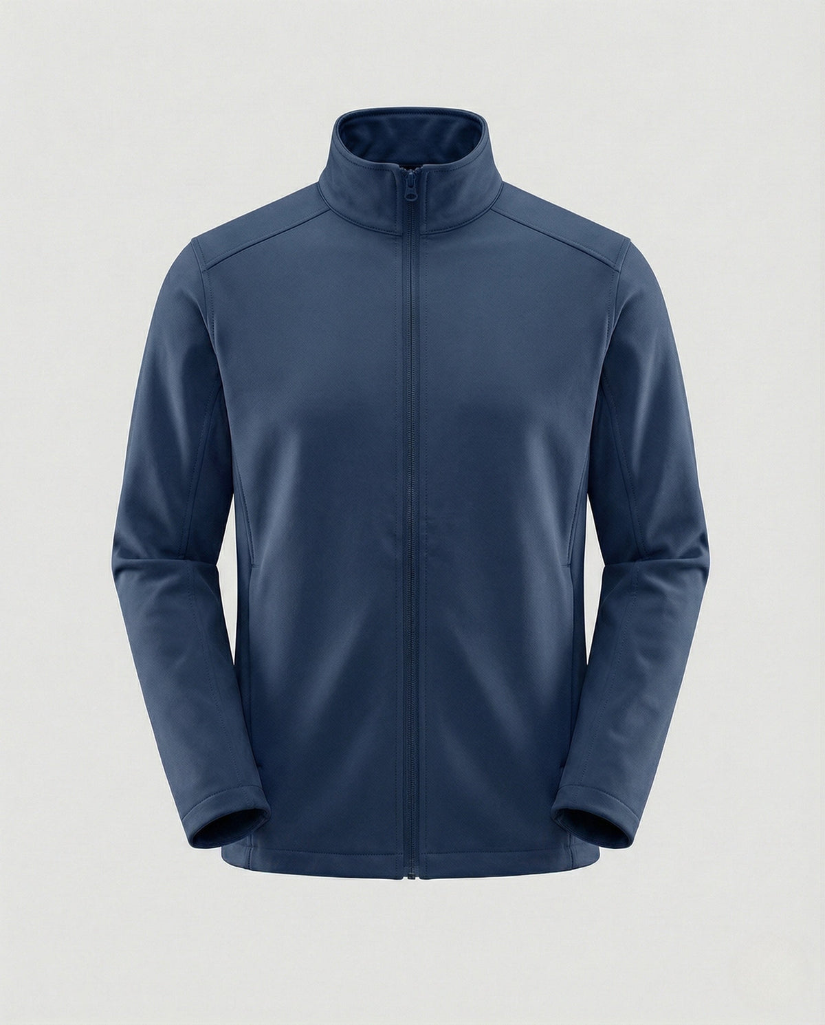 Chaqueta azul marino con cuello alto y cierre frontal, manga larga