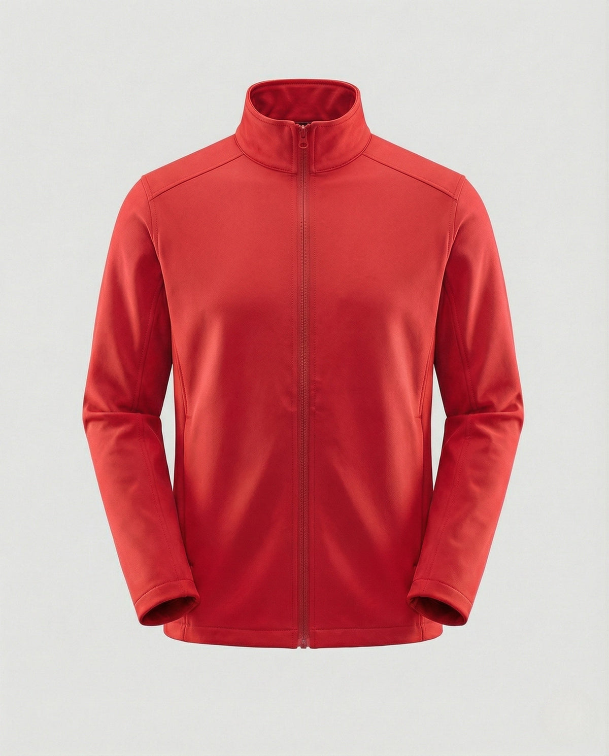 Chaqueta roja con cuello alto y cierre frontal, manga larga