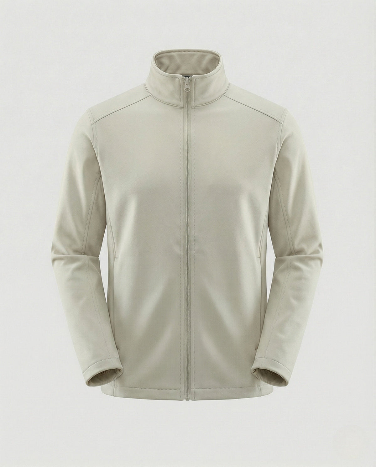 Chaqueta beige clara con cuello alto y cierre frontal, manga larga
