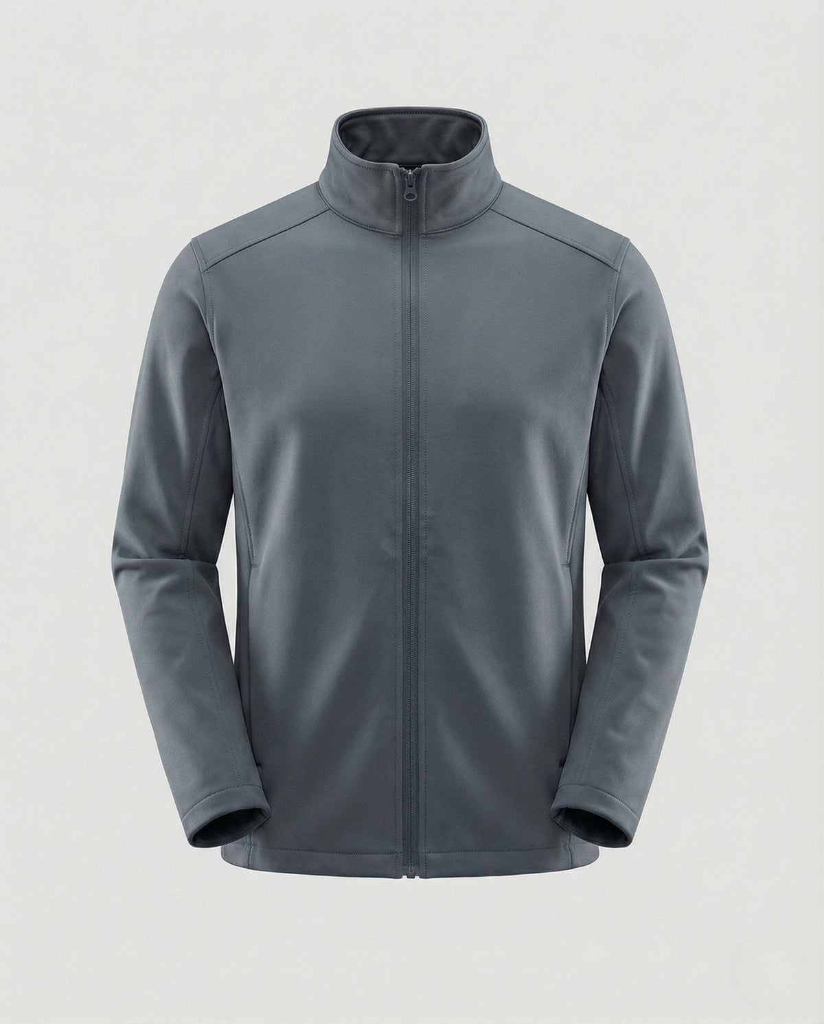 Chaqueta gris azulado con cuello alto y cierre frontal, manga larga