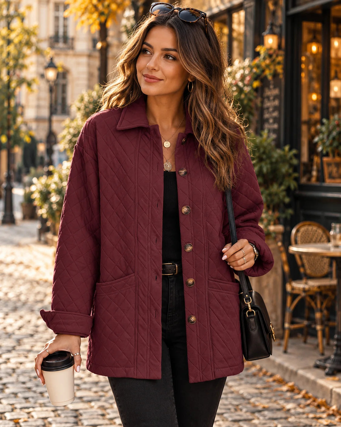 Chaqueta Larga Acolchada de Mujer con Diseño de Rombos 1