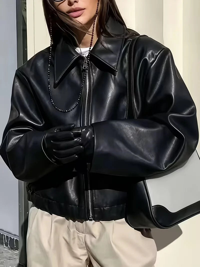 Chaqueta Oversize de Piel Sintética con Cremallera Frontal y Hombros Caídos 2