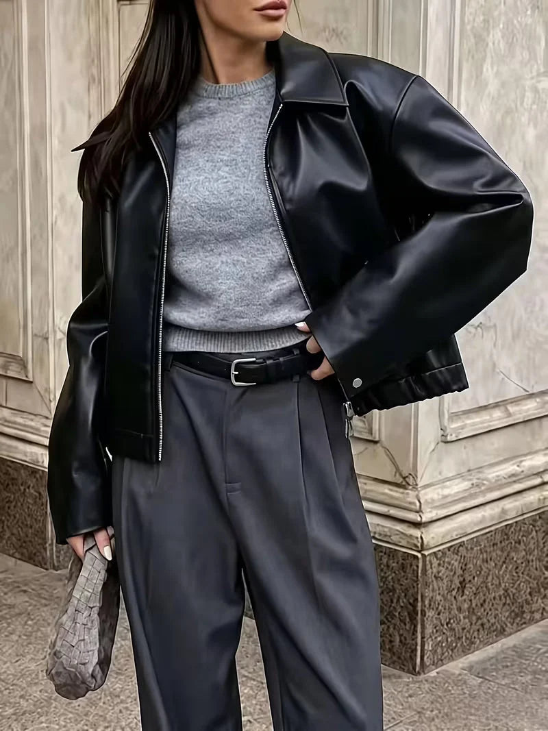 Chaqueta Oversize de Piel Sintética con Cremallera Frontal y Hombros Caídos 4