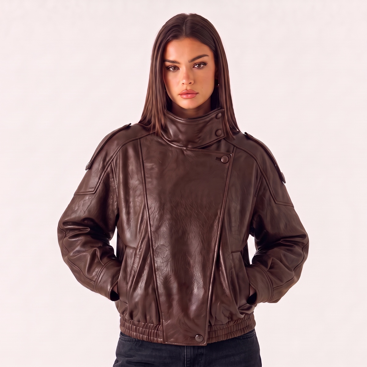 Chaqueta de cuero con cuello alto y cierre asimétrico, color café oscuro