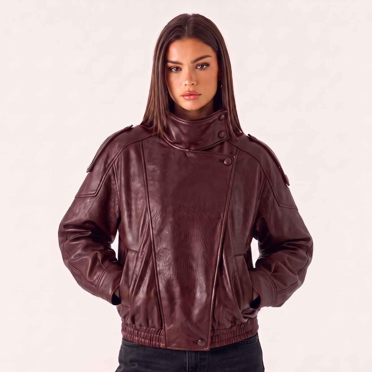 Chaqueta de cuero café oscuro con cuello alto y cierre asimétrico, frente