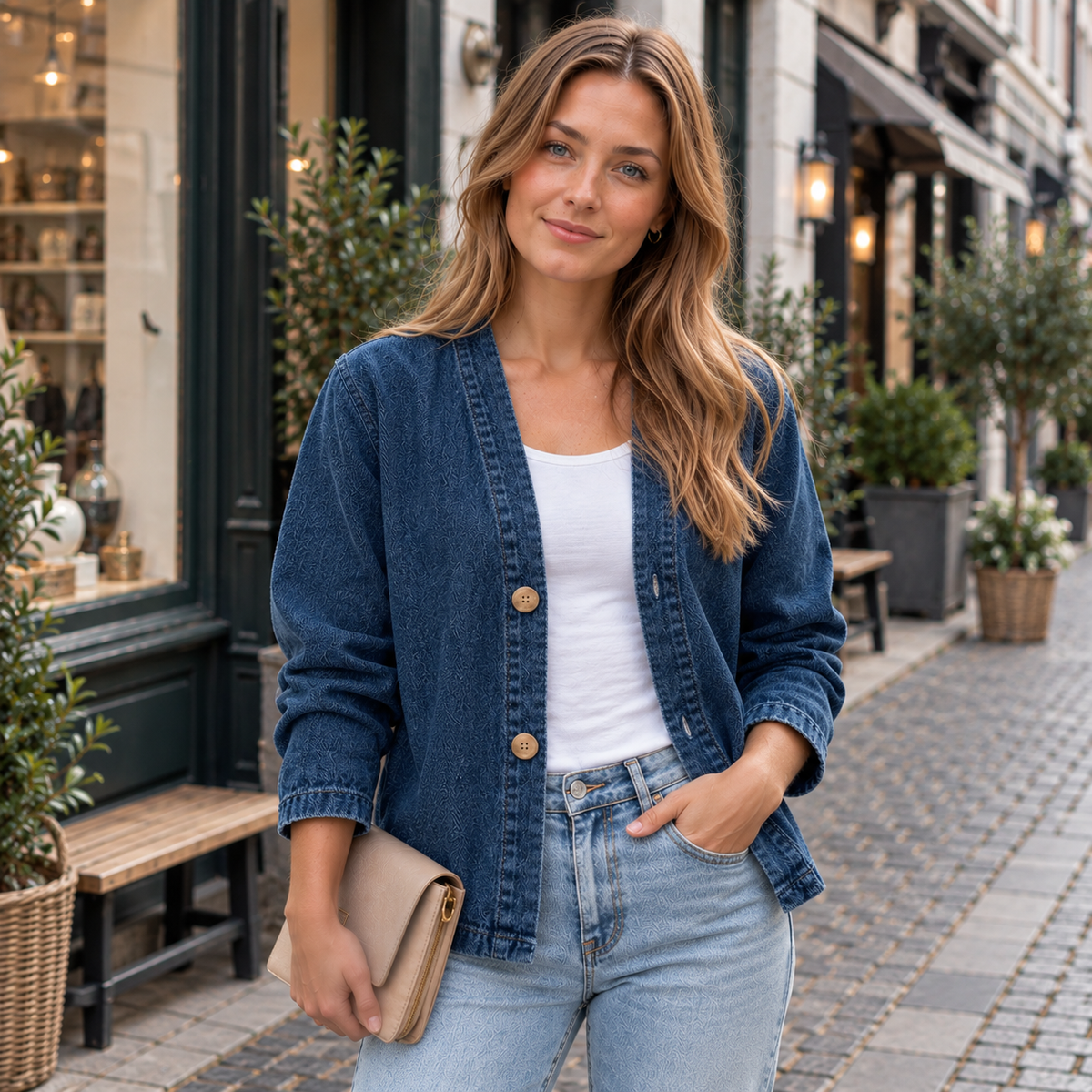 Chaqueta de mezclilla azul oscuro con escote en V y cierre de botones