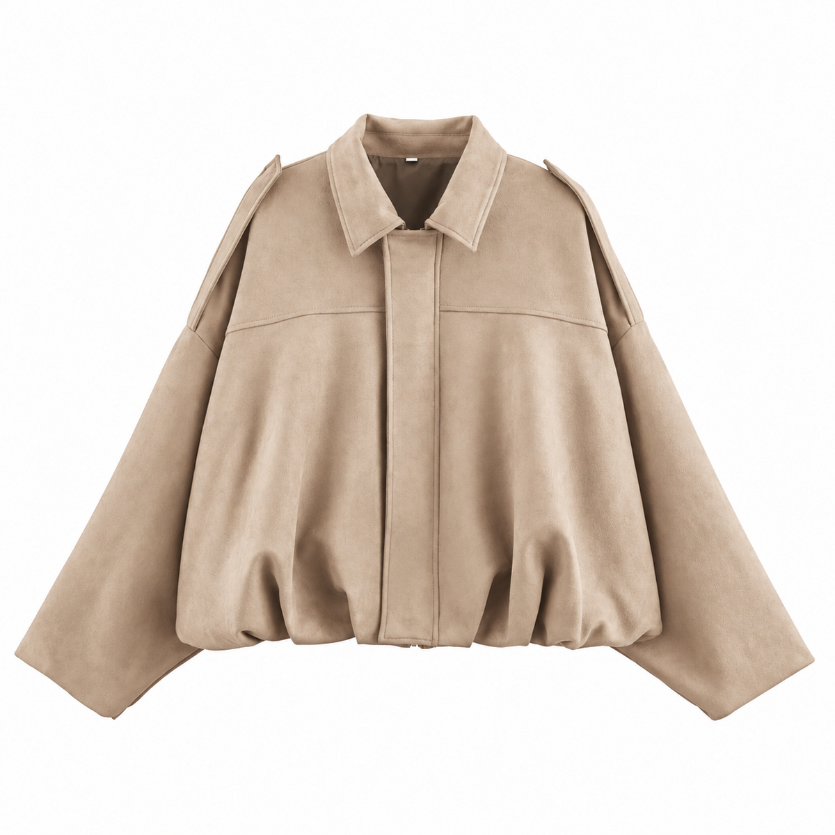 Chaqueta tipo ante beige con solapas, cierre frontal y dobladillo abullonado
