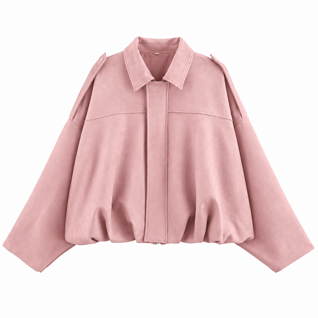 Chaqueta tipo ante rosa pálido con solapas, cierre frontal y forma abullonada