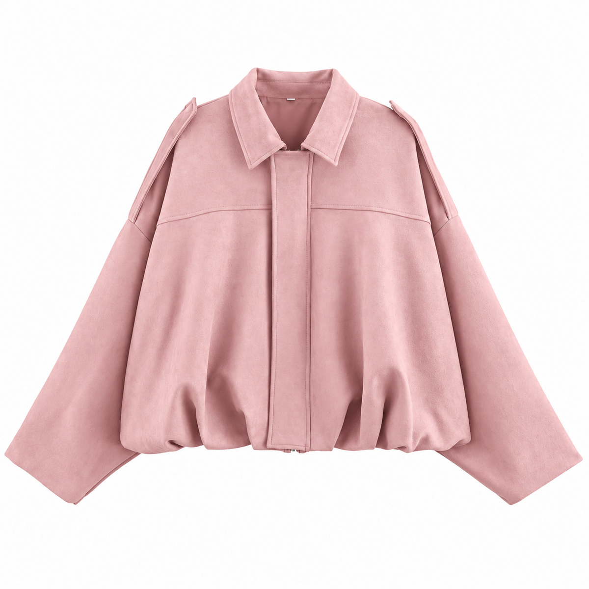 Chaqueta tipo ante rosa pálido con solapas, cierre frontal y forma abullonada