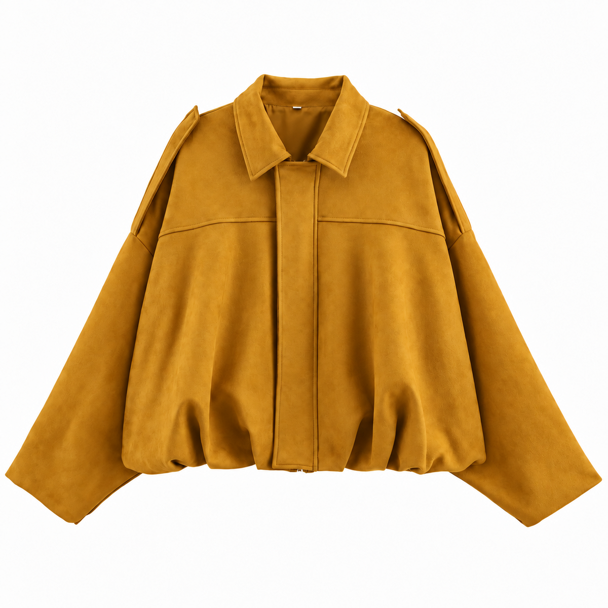 Chaqueta tipo ante ocre con cierre frontal, solapas y dobladillo amplio