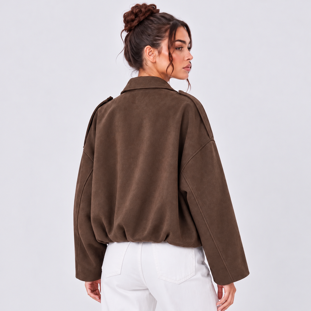 Chaqueta tipo ante con solapa y caída amplia, vista trasera, color café