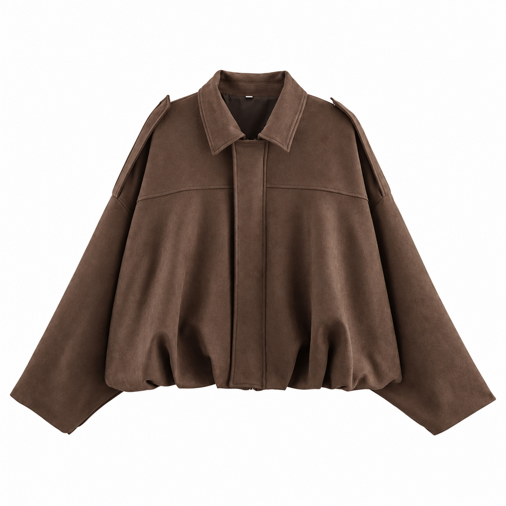 Chaqueta tipo ante sin modelo, solapa y cierre frontal, bolsillos, color marrón
