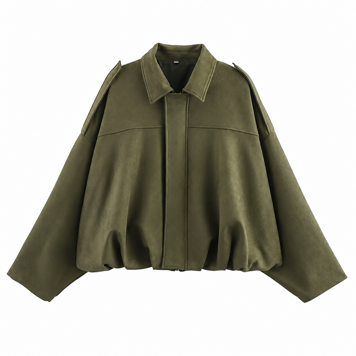 Chaqueta tipo ante sin modelo, solapa y cierre frontal, bolsillos, verde oliva