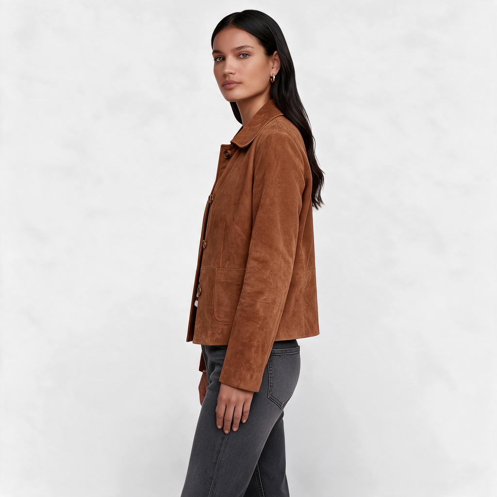 Chaqueta marrón de efecto ante vista de perfil, con mangas largas y bajo recto.