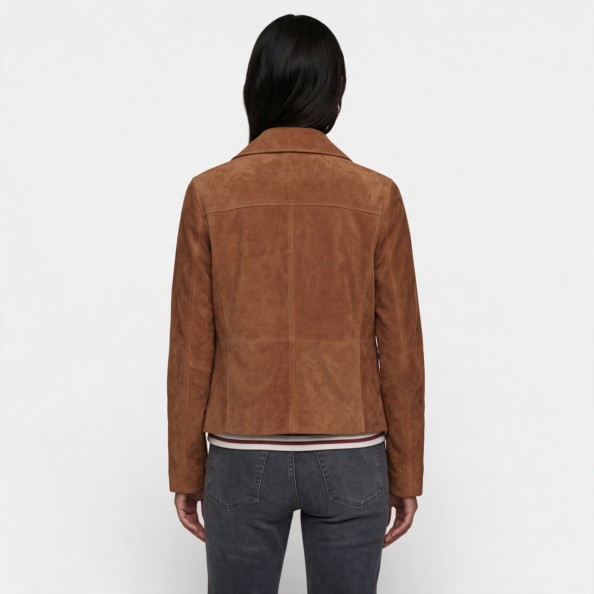 Chaqueta marrón de efecto ante vista por detrás, con costuras y bajo recto.