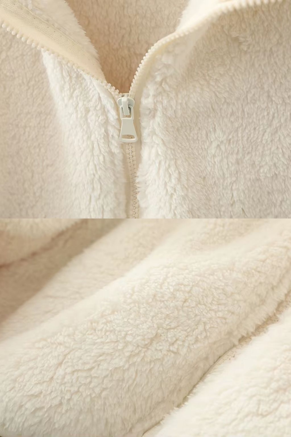 Chaqueta de pelo suave crema con cremallera blanca y costuras laterales