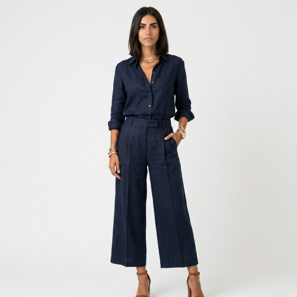 Conjunto camisero azul marino: camisa con botones y pantalón ancho con cinturón.