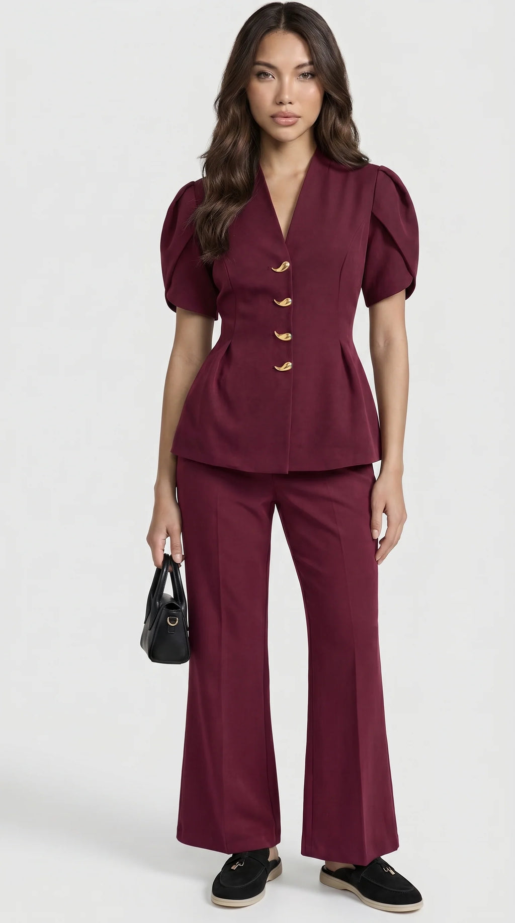Conjunto de Camisa con Mangas Abullonadas y Pantalón Recto 0