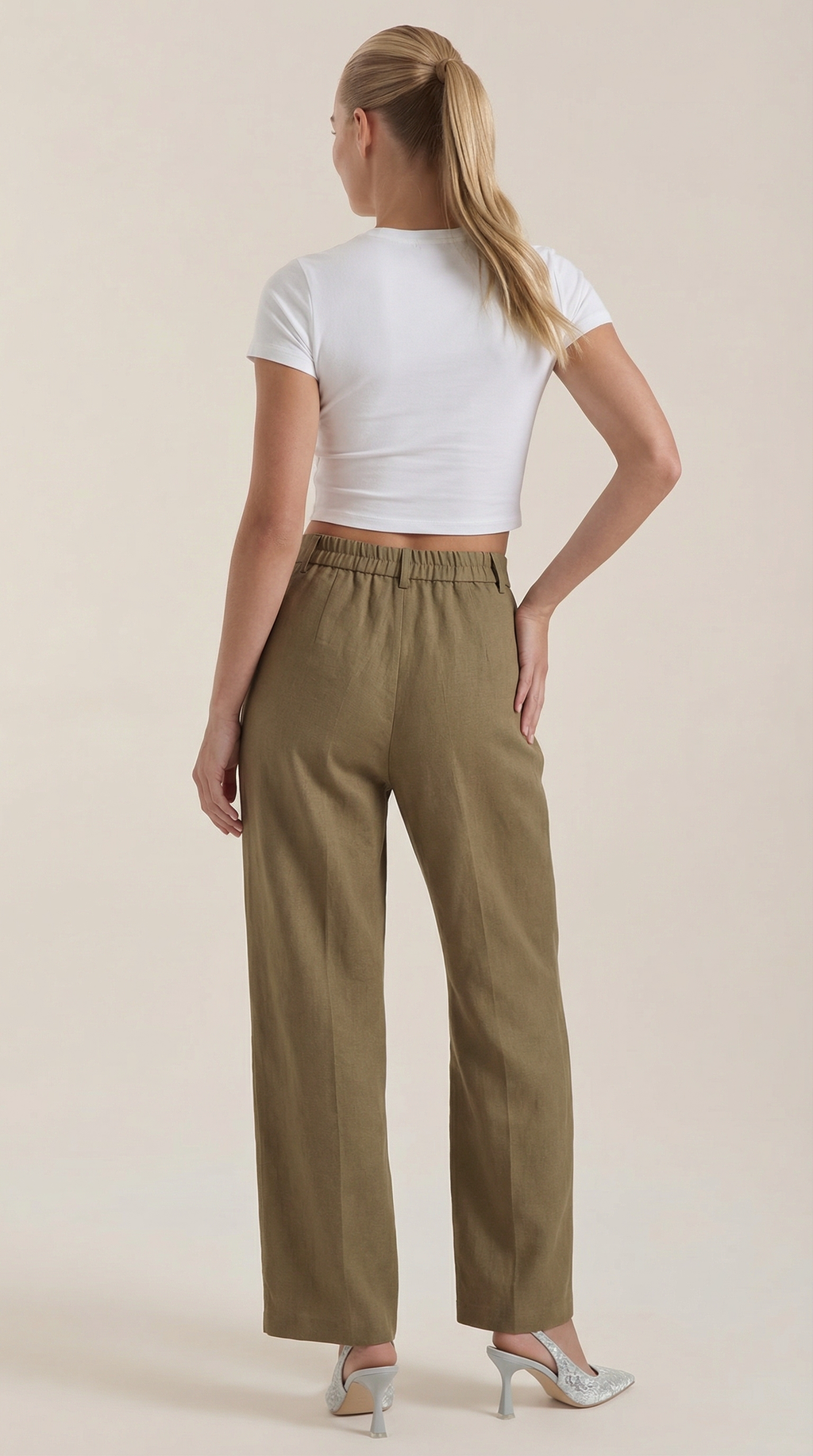 Dames wijde pantalon met hoge taille, olivegroene kleur, brede rechte pijpen