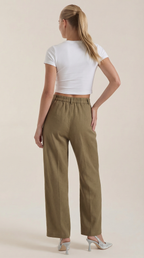Dames wijde pantalon met hoge taille, olivegroene kleur, brede rechte pijpen