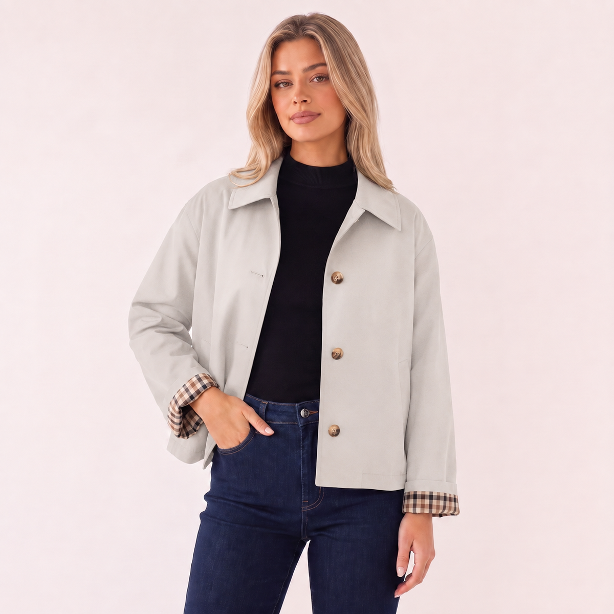 Gabardina corta gris claro con botones y forro de cuadros en puños