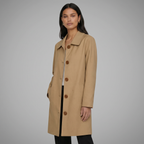 Gabardina midi caqui de corte sencillo, con solapas y botones marrones
