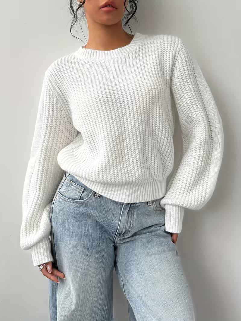 Jersey de Punto Gofrado con Cuello Redondo y Mangas Abullonadas 0