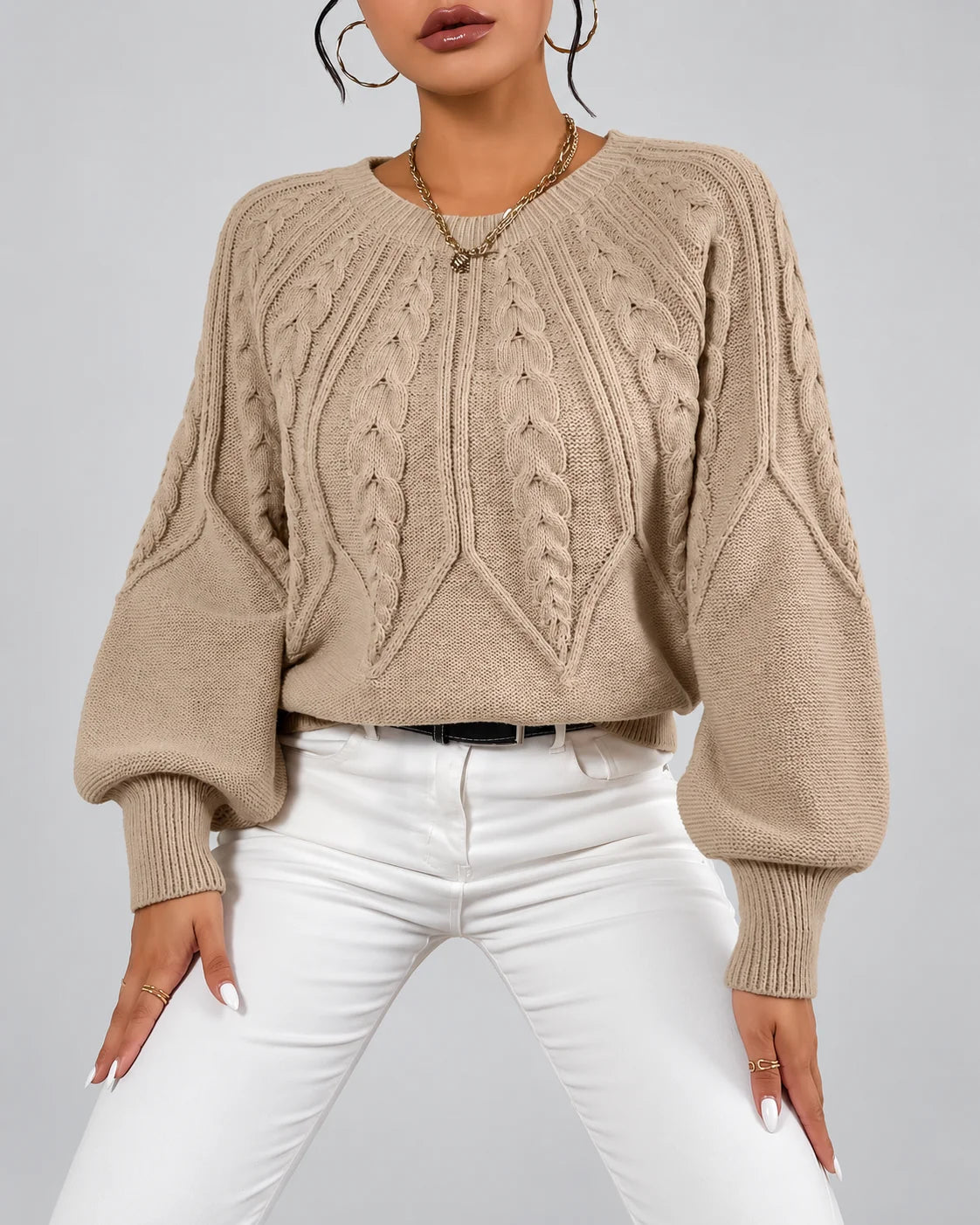 Jersey de Punto Trenzado con Cuello Redondo y Mangas Abullonadas 3