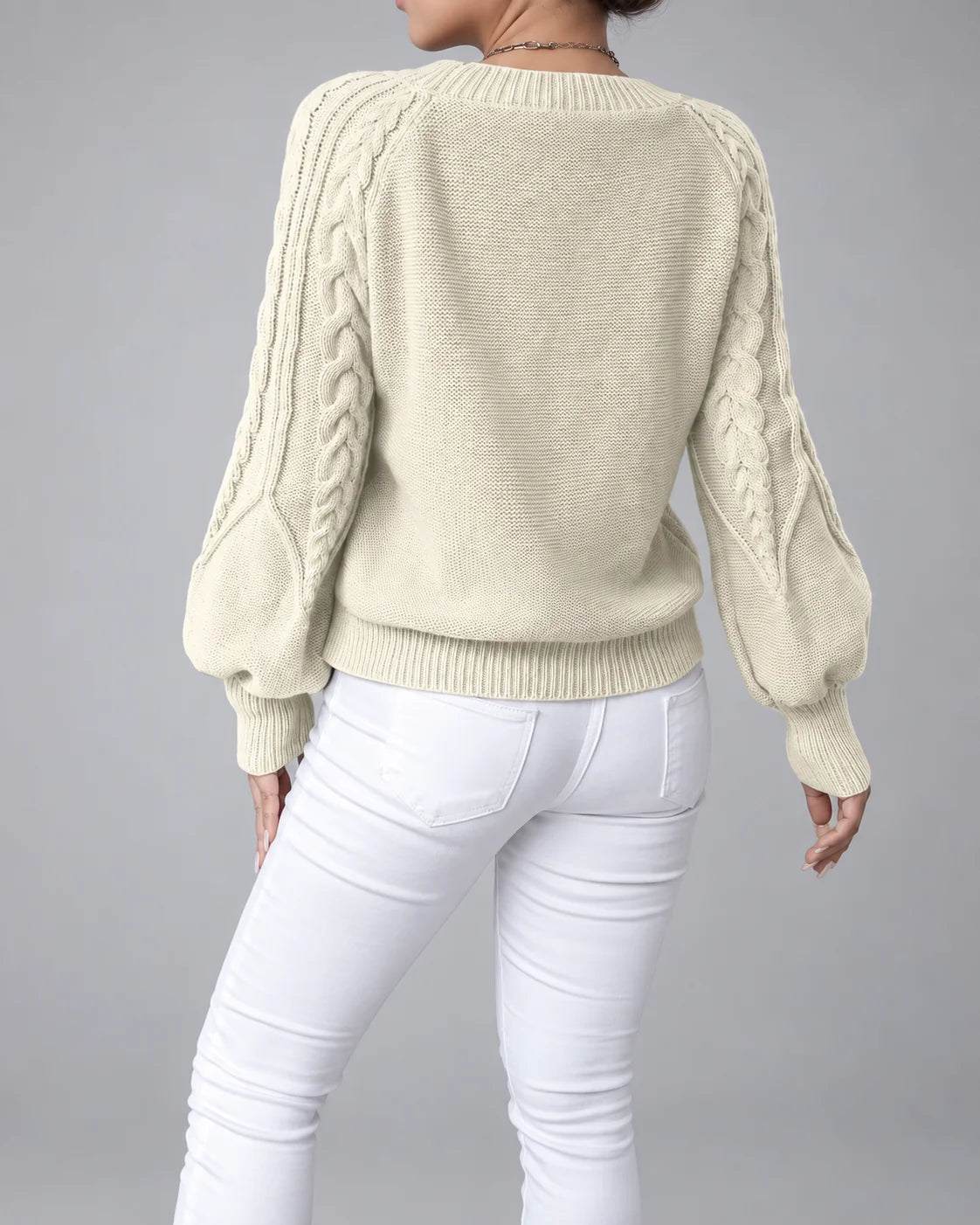 Jersey de Punto Trenzado con Cuello Redondo y Mangas Abullonadas 6
