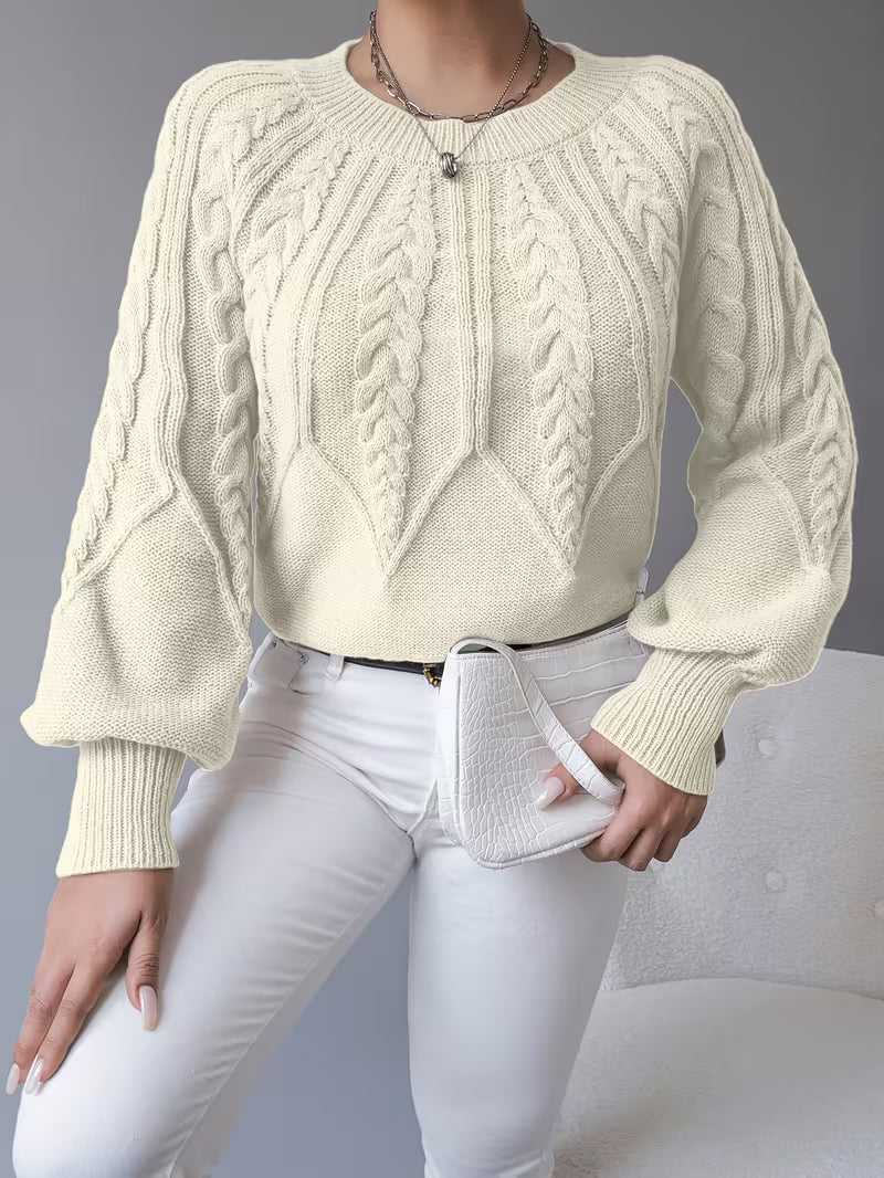 Jersey de Punto Trenzado con Cuello Redondo y Mangas Abullonadas 8