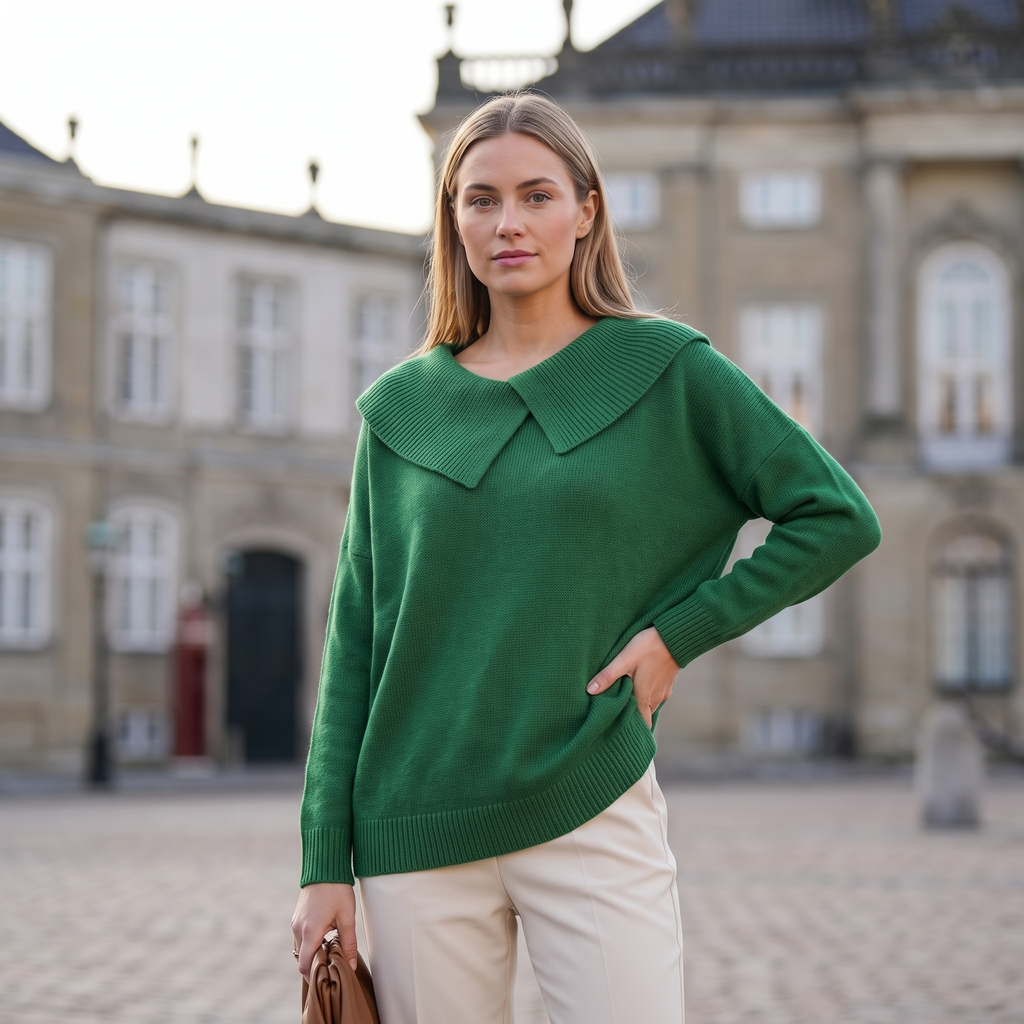 Jersey de punto verde con cuello amplio de solapa y puños acanalados